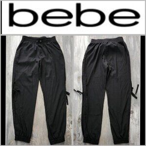 Bebe Black Summer Jogger peek a boo Sides on Leg Pants With A Tie Women Size Med